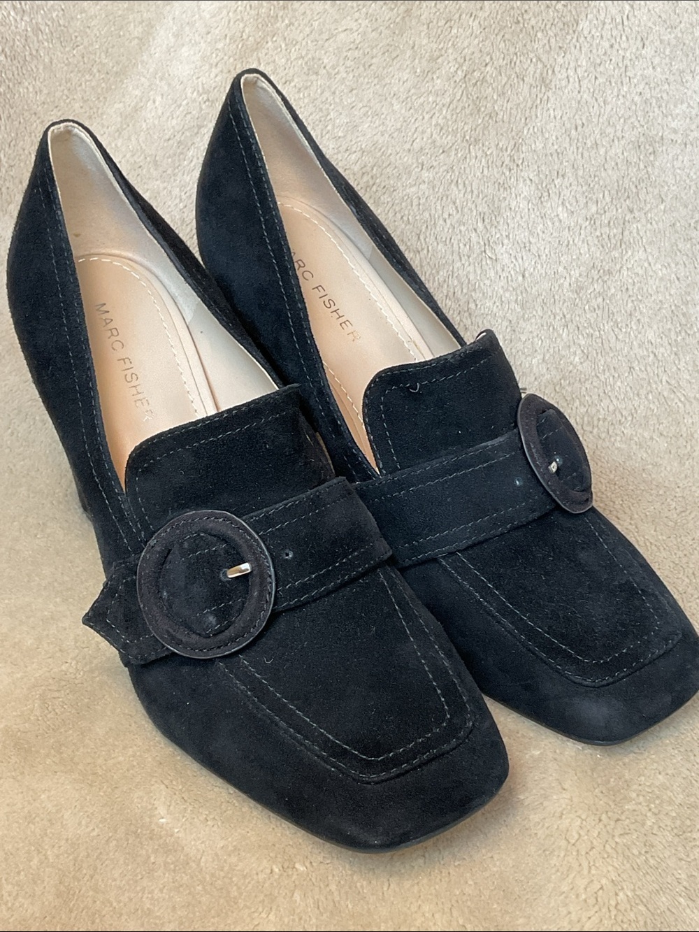 Marc Fisher Black Suede Heeled Loafers with Buckle Size 7.5